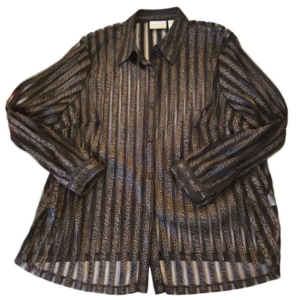 Alfred Dunner Womens Sheer Striped Long Sleeve Button Down Blouse Black Size 20W